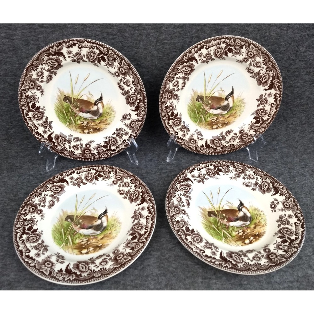 Spode Woodland Salad Plates Set/4 Lapwing Motif British Flowers Border England